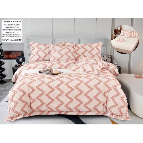 Lenjerie de Pat cu Elastic, Model Grofat, Bumbac cu In, Pat 2 Persoane, 6 Piese, Roz, LSB-050