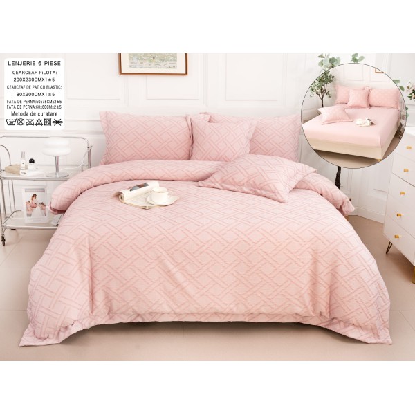 Lenjerie de Pat cu Elastic, Model Grofat, Bumbac cu In, Pat 2 Persoane, 6 Piese, Roz, LSB-051