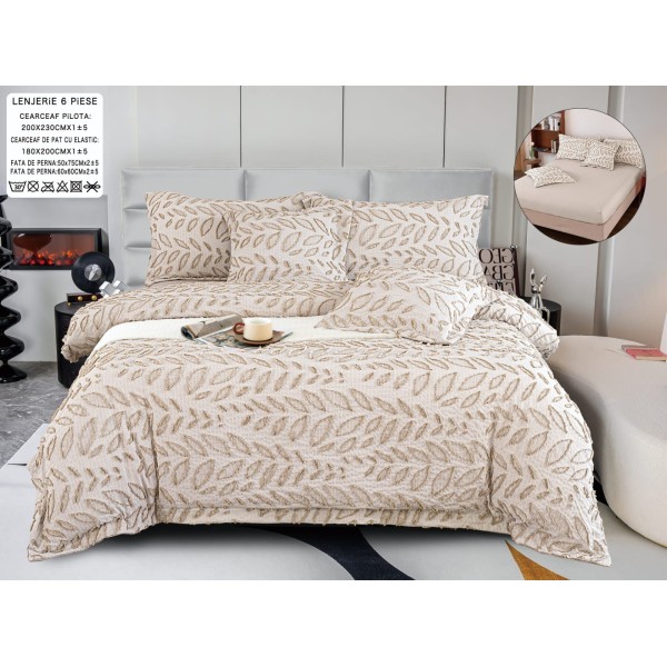 Lenjerie de Pat cu Elastic, Model Grofat, Bumbac cu In, Pat 2 Persoane, 6 Piese, Maro, LSB-052
