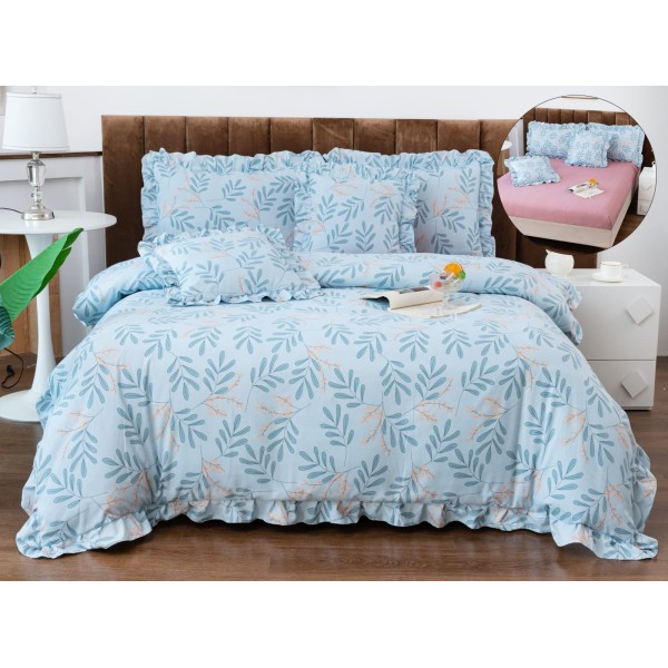 Lenjerie de Pat cu Elastic si Volanase, Bumbac cu In, Pat 2 Persoane, 6 Piese, Blue, frunze, LSB-053
