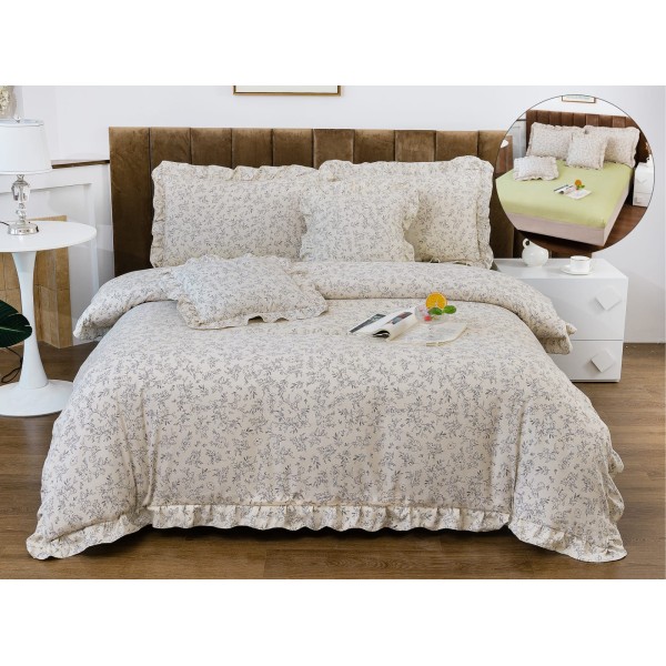 Lenjerie de Pat cu Elastic si Volanase, Bumbac cu In, Pat 2 Persoane, 6 Piese, Crem, flori, LSB-054