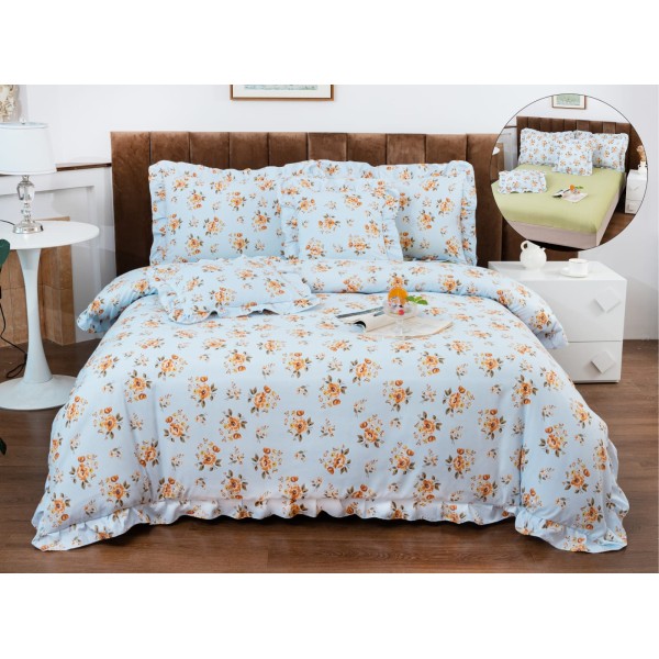 Lenjerie de Pat cu Elastic si Volanase, Bumbac cu In, Pat 2 Persoane, 6 Piese, Blue, flori, LSB-055