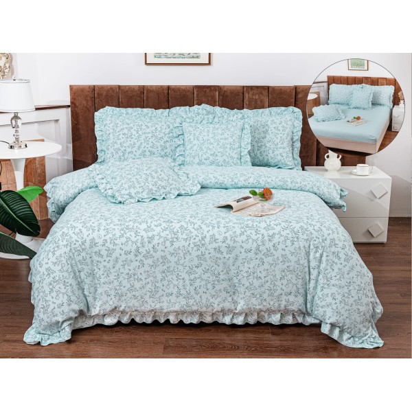 Lenjerie de Pat cu Elastic si Volanase, Bumbac cu In, Pat 2 Persoane, 6 Piese, Blue, flori, LSB-056