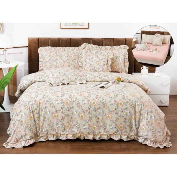 Lenjerie de Pat cu Elastic si Volanase, Bumbac cu In, Pat 2 Persoane, 6 Piese, Crem, flori, LSB-057