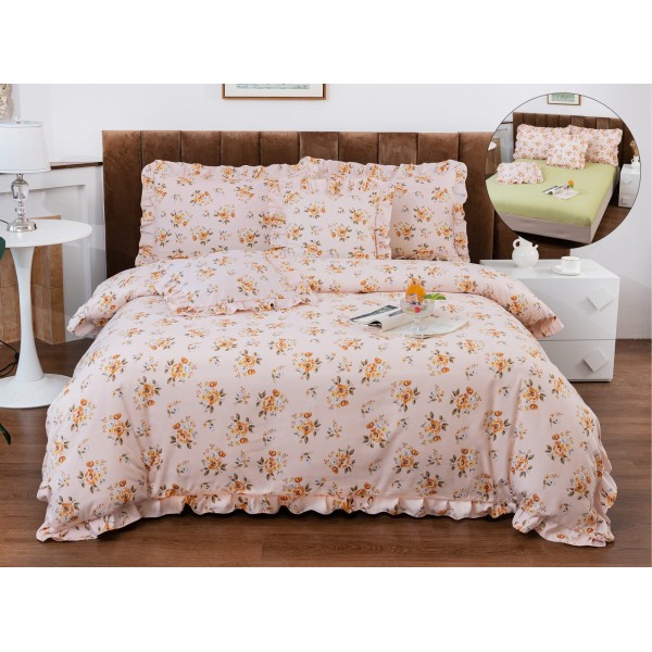 Lenjerie de Pat cu Elastic si Volanase, Bumbac cu In, Pat 2 Persoane, 6 Piese, Roz, flori, LSB-058
