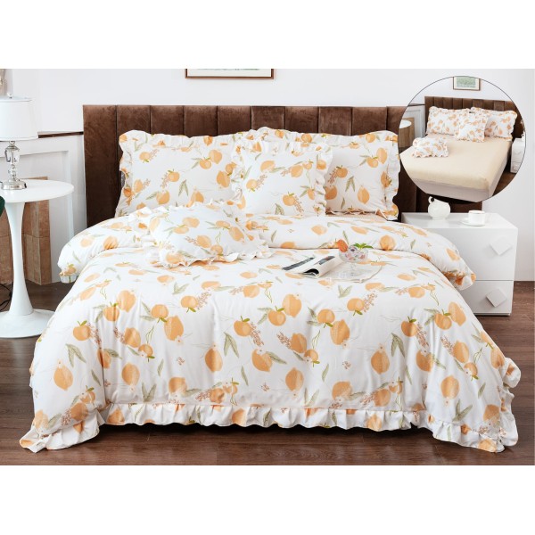 Lenjerie de Pat cu Elastic si Volanase, Bumbac cu In, Pat 2 Persoane, 6 Piese, Alb, flori, LSB-059 Lenjerie de Pat cu Elastic si Volanase, Bumbac cu In, Pat 2 Persoane, 6 Piese, Alb, flori, LSB-059