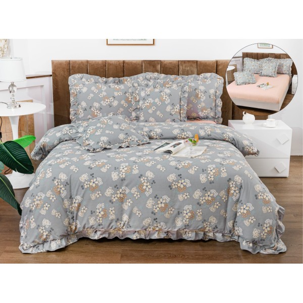 Lenjerie de Pat cu Elastic si Volanase, Bumbac cu In, Pat 2 Persoane, 6 Piese, Gri, flori, LSB-060