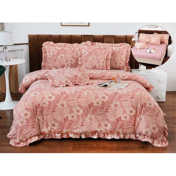Lenjerie de Pat cu Elastic si Volanase, Bumbac cu In, Pat 2 Persoane, 6 Piese, Roz, flori, LSB-061
