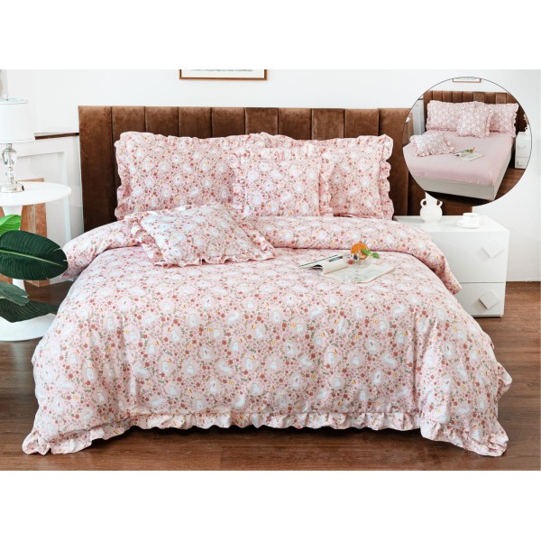 Lenjerie de Pat cu Elastic si Volanase, Bumbac cu In, Pat 2 Persoane, 6 Piese, Roz, flori, LSB-062