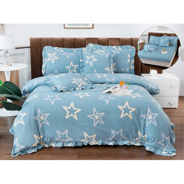 Lenjerie de Pat cu Elastic si Volanase, Bumbac cu In, Pat 2 Persoane, 6 Piese, Blue, stele, LSB-063