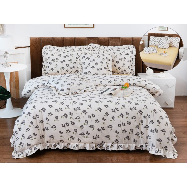 Lenjerie de Pat cu Elastic si Volanase, Bumbac cu In, Pat 2 Persoane, 6 Piese, Alb, flori, LSB-064