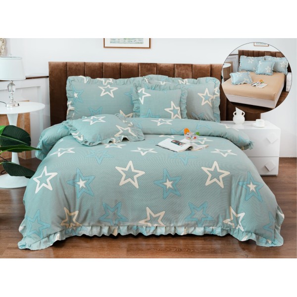 Lenjerie de Pat cu Elastic si Volanase, Bumbac cu In, Pat 2 Persoane, 6 Piese, Vernil, stele, LSB-065