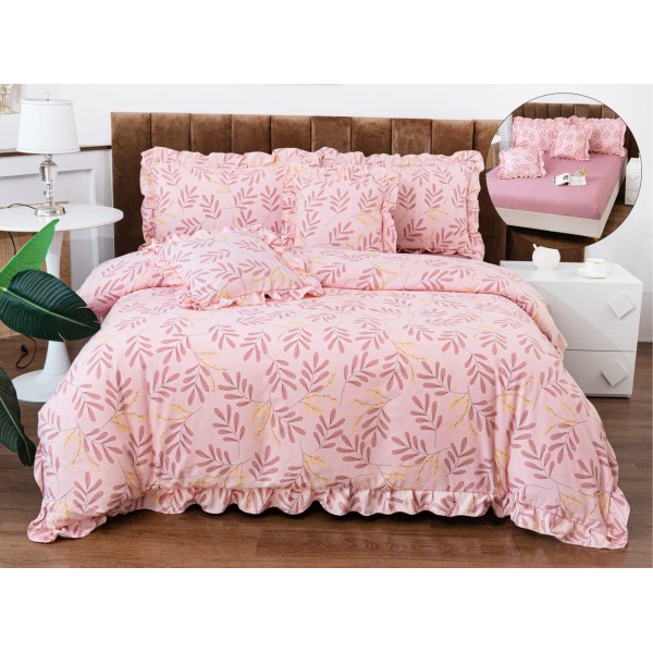 Lenjerie de Pat cu Elastic si Volanase, Bumbac cu In, Pat 2 Persoane, 6 Piese, Roz, flori, LSB-066