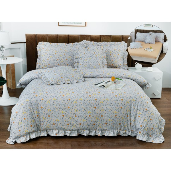 Lenjerie de Pat cu Elastic si Volanase, Bumbac cu In, Pat 2 Persoane, 6 Piese, Gri, flori, LSB-067
