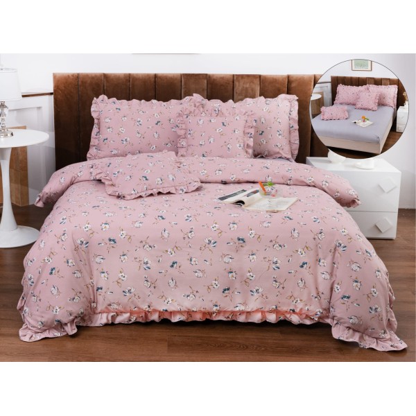 Lenjerie de Pat cu Elastic si Volanase, Bumbac cu In, Pat 2 Persoane, 6 Piese, Roz, flori, LSB-068