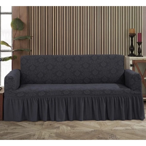 Husa elastica pentru canapea 3 locuri, model Jacquard, cu volanas, Gri inchis, HCJ-015
