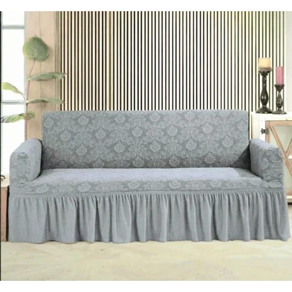 Husa elastica pentru canapea 3 locuri, model Jacquard, cu volanas, Gri deschis, HCJ-016