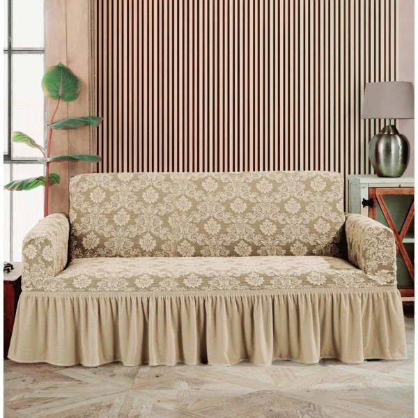 Husa elastica pentru canapea 3 locuri, model Jacquard, cu volanas, Bej, HCJ-018