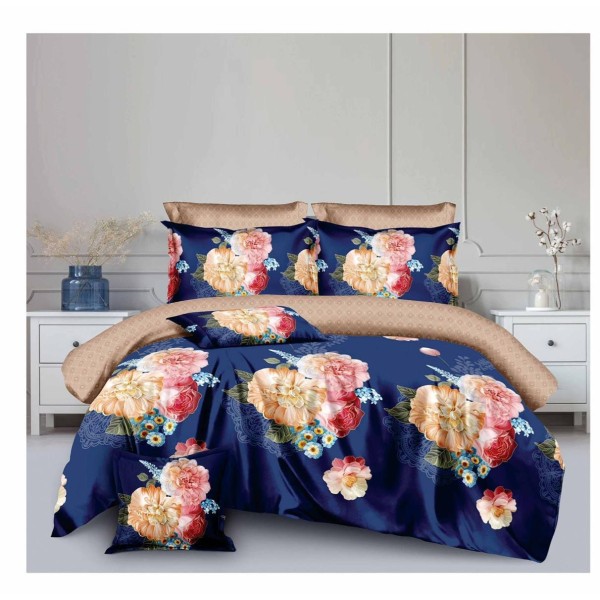 Lenjerie de pat din Finet, Jojo, 8 Piese, Pat 2 Persoane, Albastru-Multicolor, flori, LDO-004