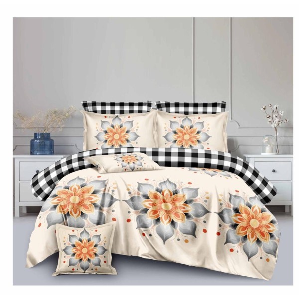 Lenjerie de pat din Finet, Jojo, 8 Piese, Pat 2 Persoane, Crem-Multicolor, flori, LDO-006