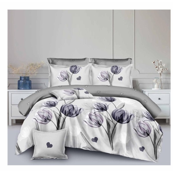 Lenjerie de pat din Finet, Jojo, 8 Piese, Pat 2 Persoane, Alb-Gri, flori, LDO-021