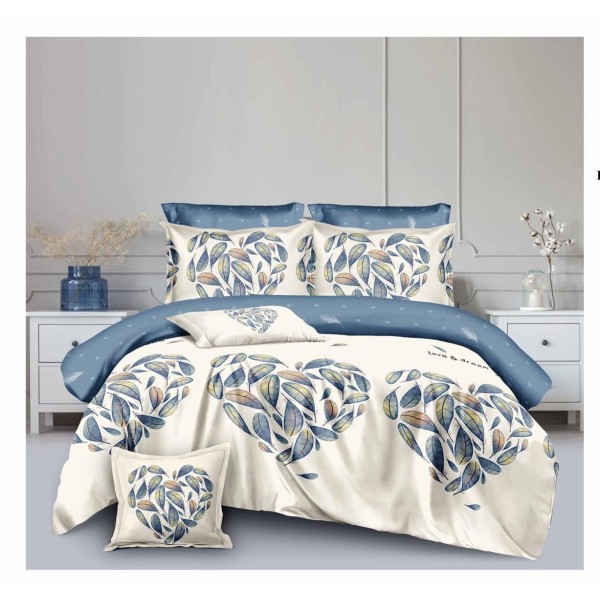 Lenjerie de pat din Finet, Jojo, 8 Piese, Pat 2 Persoane, Crem-Albastru, inimi, LDO-059