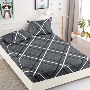 Cearsaf cu elastic, Bumbac FINET, 90x200cm, plus 2 fete de perne, Gri-Alb, romburi, HDF-211
