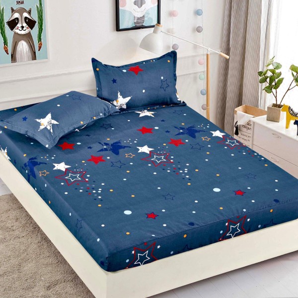 Cearsaf cu elastic, Bumbac FINET, 90x200cm, plus 2 fete de perne, Albastru-Multicolor, stele, HDF-214
