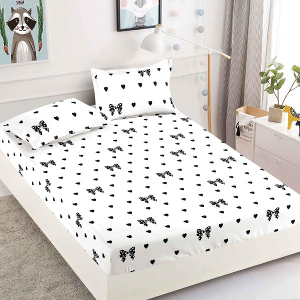 Cearsaf cu elastic, Bumbac FINET, 90x200cm, plus 2 fete de perne, Alb-Negru, fundite, HDF-217