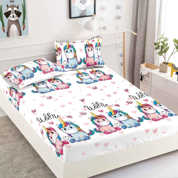 Cearsaf cu elastic, Bumbac FINET, 90x200cm, plus 2 fete de perne, Alb-Multicolor, unicorn, HDF-222
