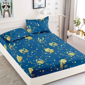 Cearsaf cu elastic, Bumbac FINET, 90x200cm, plus 2 fete de perne, Albastru-Galben, zodii, HDF-223