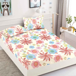 Cearsaf cu elastic, Bumbac FINET, 90x200cm, plus 2 fete de perne, Alb-Roz, flori, HDF-224