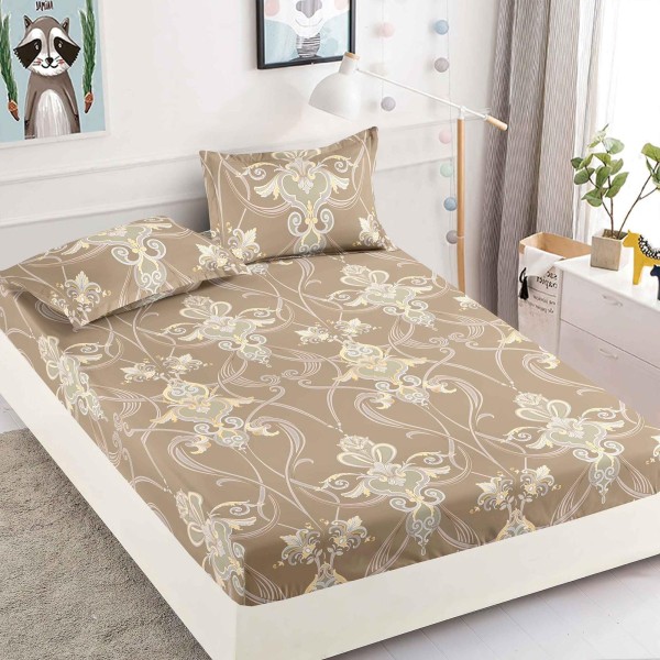 Cearsaf cu elastic, Bumbac FINET, 90x200cm, plus 2 fete de perne, Bej-Crem, flori, HDF-225