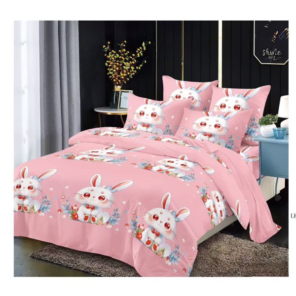 Lenjerie pat dublu, 6 piese, bumbac-finet, Roz-Multicolor, iepuras, LCC-019