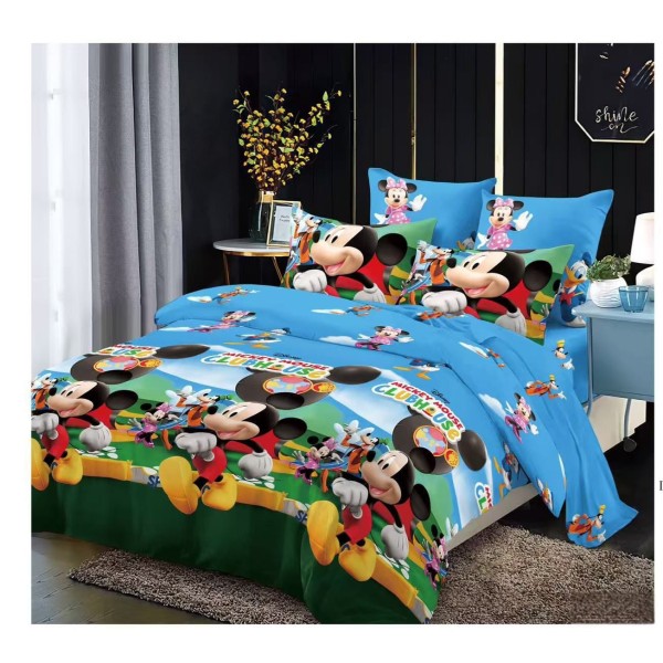 Lenjerie pat dublu, 6 piese, bumbac-finet, Albastru-Multicolor, Mickey si Minnie, LCC-020