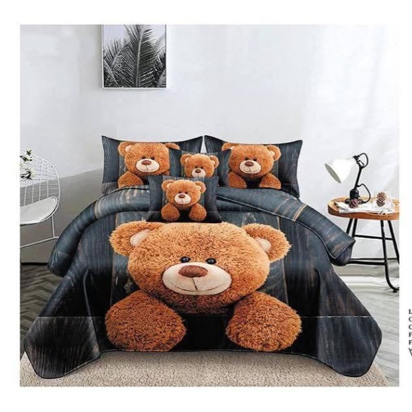 Set Lenjerie de Pat din Finet cu 2 Fete, 6 Piese, Pat 2 Persoane, Gri-Maro, ursulet, LDF-127