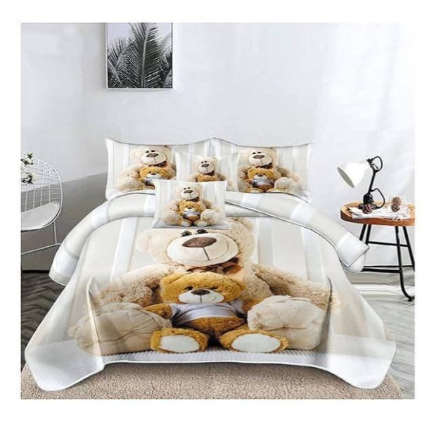 Set Lenjerie de Pat din Finet cu 2 Fete, 6 Piese, Pat 2 Persoane, Alb-Crem, ursulet, LDF-128