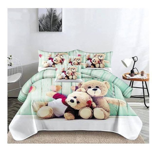 Set Lenjerie de Pat din Finet cu 2 Fete, 6 Piese, Pat 2 Persoane, Alb-Verde, ursulet, LDF-129