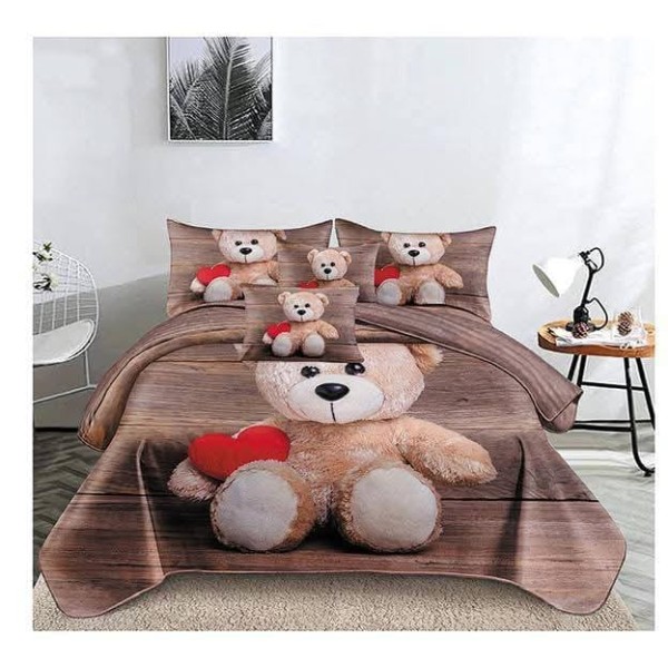 Set Lenjerie de Pat din Finet cu 2 Fete, 6 Piese, Pat 2 Persoane, Maro-Bej, ursulet, LDF-130