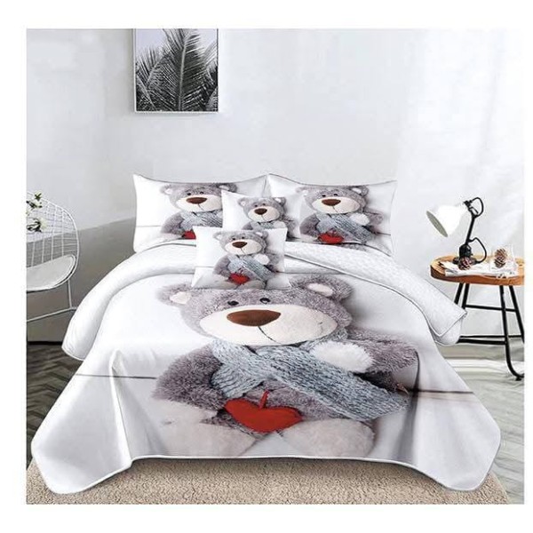 Set Lenjerie de Pat din Finet cu 2 Fete, 6 Piese, Pat 2 Persoane, Alb-Gri, ursulet, LDF-132