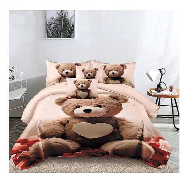 Set Lenjerie de Pat din Finet cu 2 Fete, 6 Piese, Pat 2 Persoane, Maro-Crem, ursulet, LDF-133