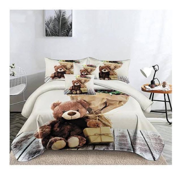 Set Lenjerie de Pat din Finet cu 2 Fete, 6 Piese, Pat 2 Persoane, Alb-Maro, ursulet, LDF-134