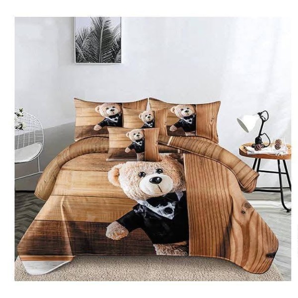 Set Lenjerie de Pat din Finet cu 2 Fete, 6 Piese, Pat 2 Persoane, Maro-Crem, ursulet, LDF-135