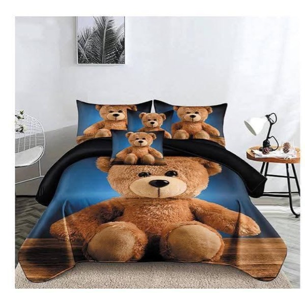 Set Lenjerie de Pat din Finet cu 2 Fete, 6 Piese, Pat 2 Persoane, Maro-Albastru, ursulet, LDF-136