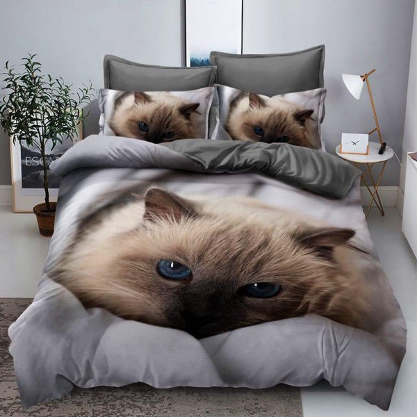 Set Lenjerie de Pat din Finet, 6 Piese, Pat 2 Persoane, Imprimeu 3D Identic cu Poza, Gri-Maro, pisica, LFL-027