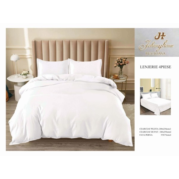 Lenjerie pat dublu, BUMBAC FINET, 4 piese, UNI, Alb, LUF-001