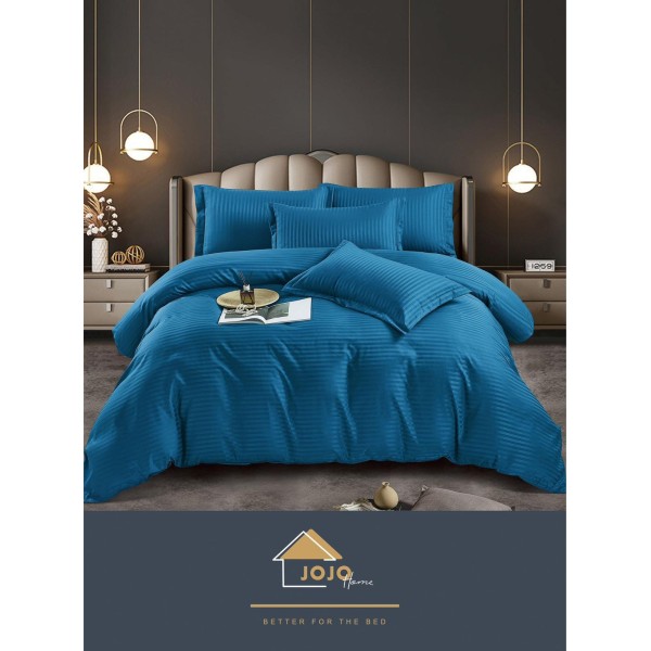 Lenjerie, pat dublu, cu ELASTIC, Damasc Finetat, 6 piese, Albastru, LDS-083