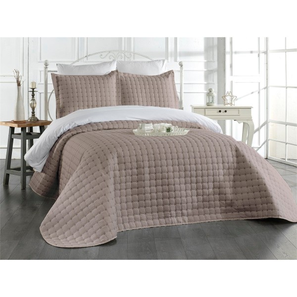 Cuvertura pentru pat dublu din Bumbac Satinat, 220x240cm, plus 2 fete de perna, Maro, CBS-070