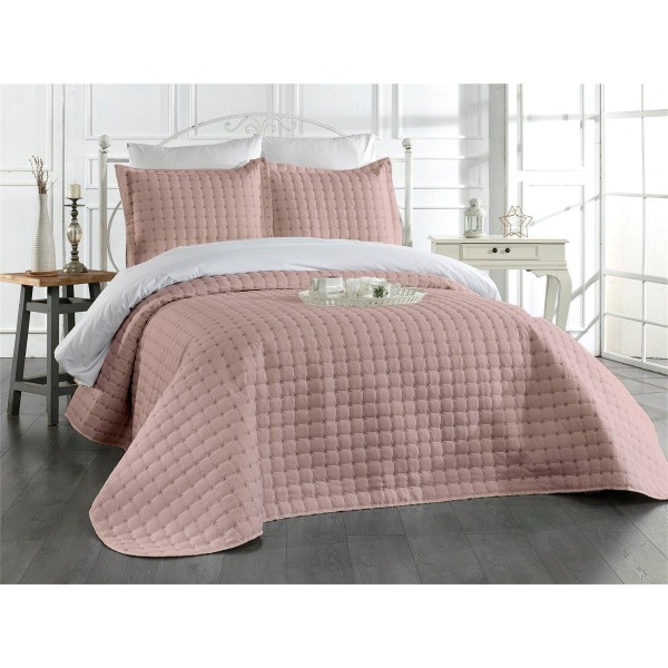 Cuvertura pentru pat dublu din Bumbac Satinat, 220x240cm, plus 2 fete de perna, Roz, CBS-071