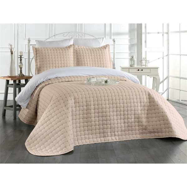 Cuvertura pentru pat dublu din Bumbac Satinat, 220x240cm, plus 2 fete de perna, Bej, CBS-072